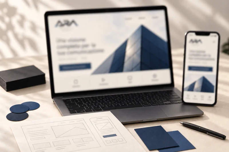 Applicazione illustrativa di un sito ARA Media su computer e smartphone